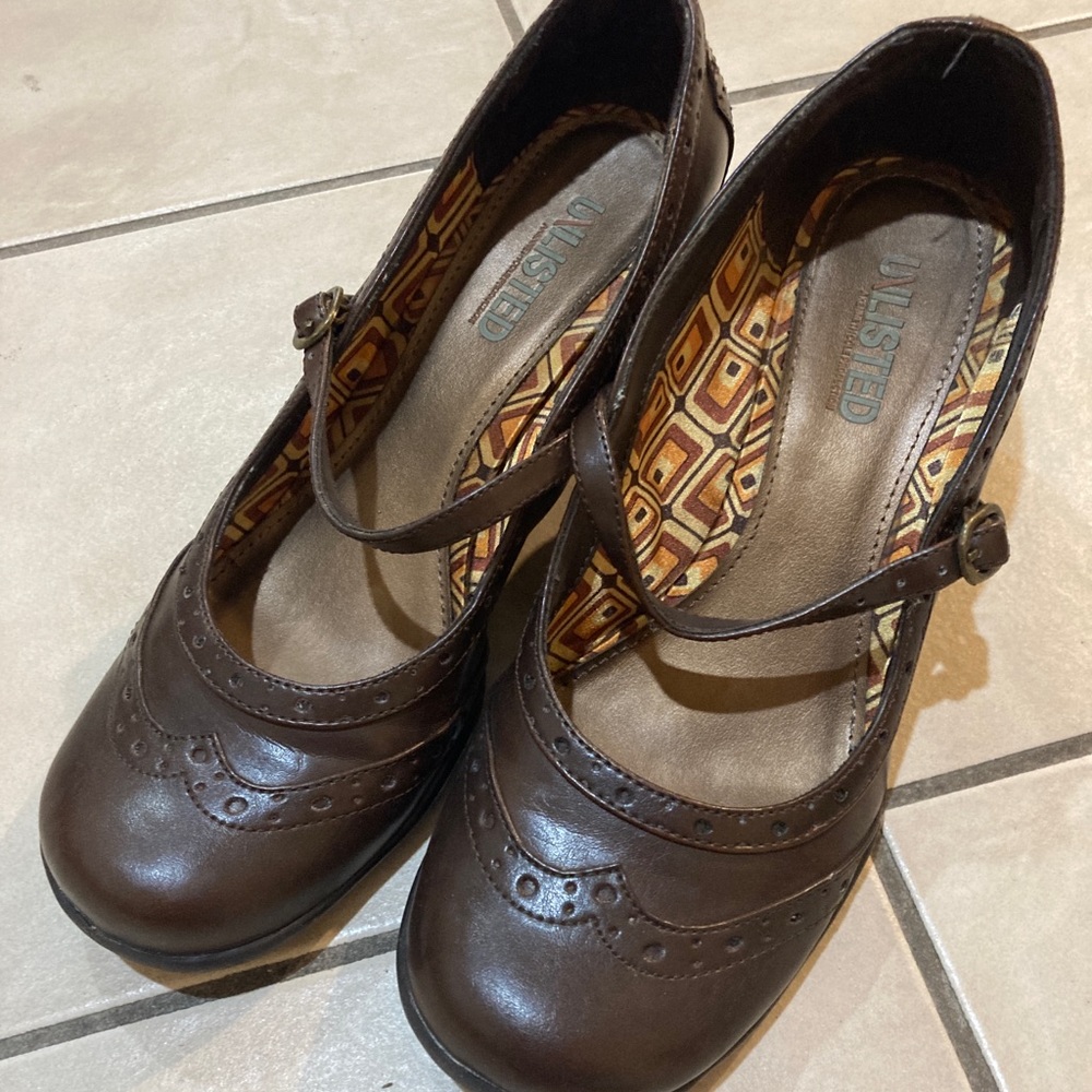 Brown Mary Jane wedge heels